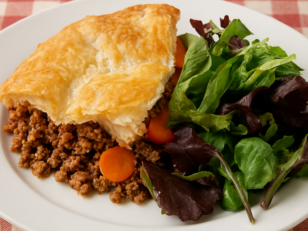 Ovenschotel met gehakt bladerdeeg en worcestershiresaus